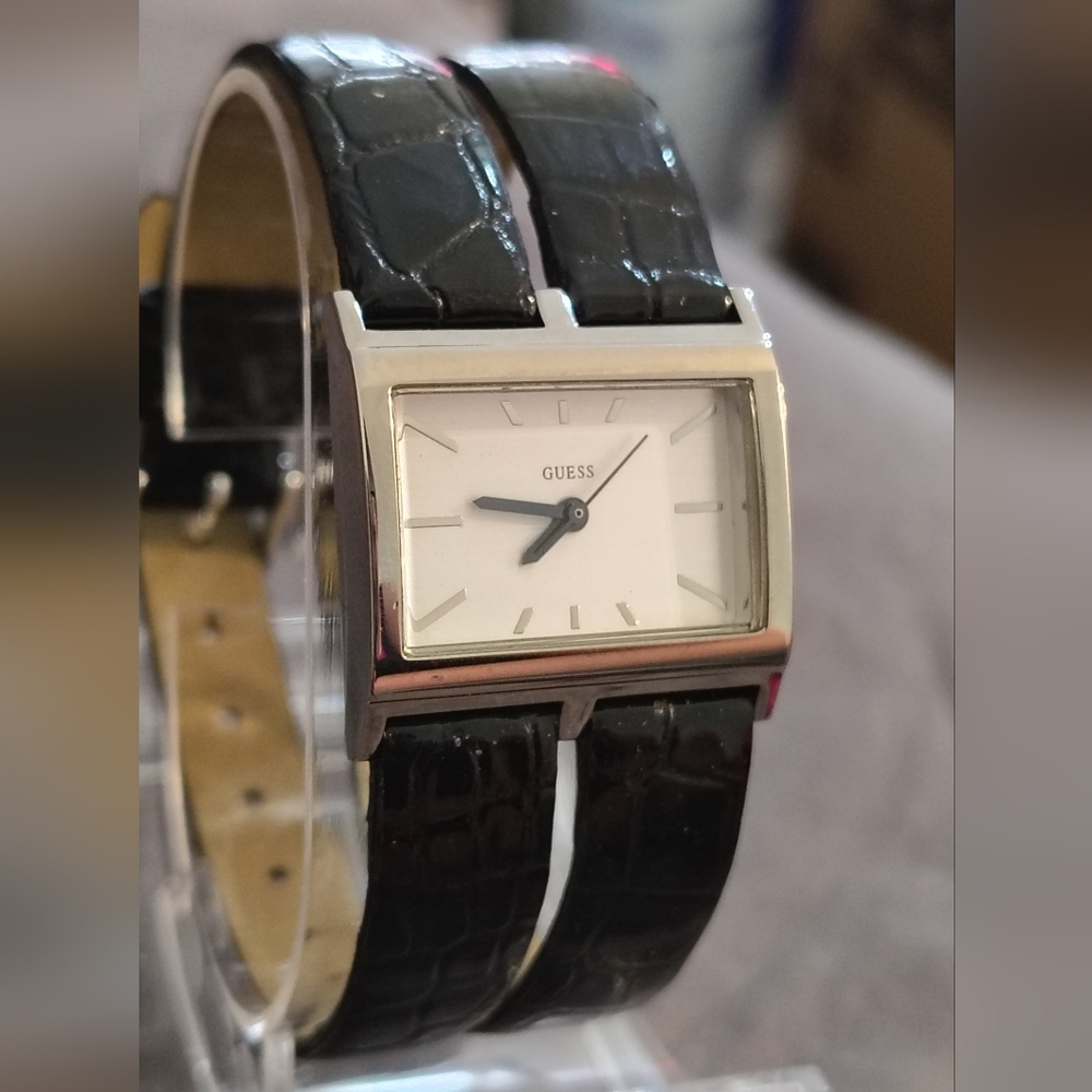 Vintage GUESS Watch, Double Black Patent Leather Band, Keeps Time, New Battery